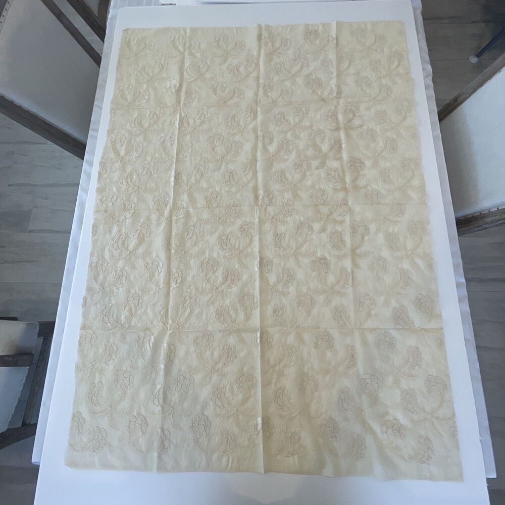 VTG Damask Embroidered Mesh Fabric Sheer Beige 51" W x 36" L Elegance Magazine - Picture 2 of 10